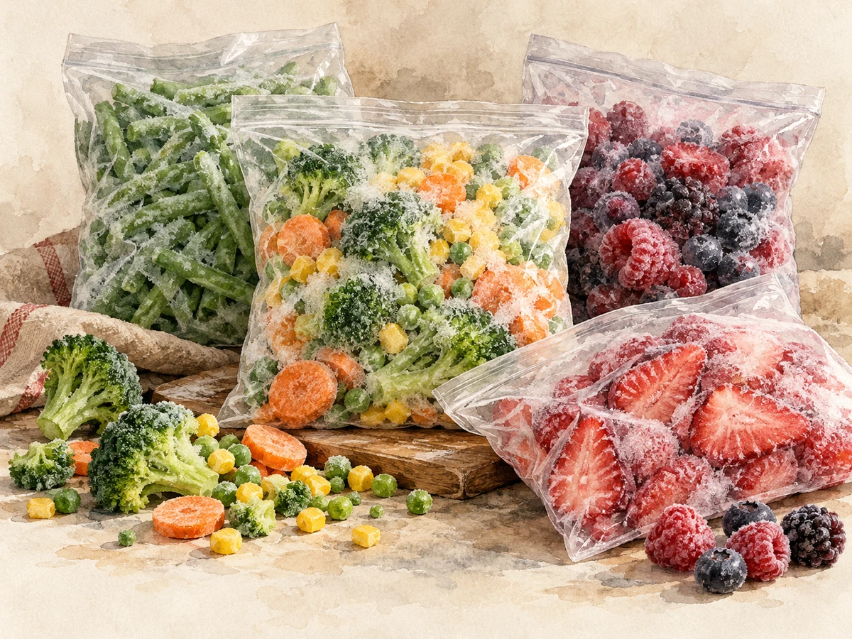 Acuarela: Bolsas sin marcas con alimentos congelados.