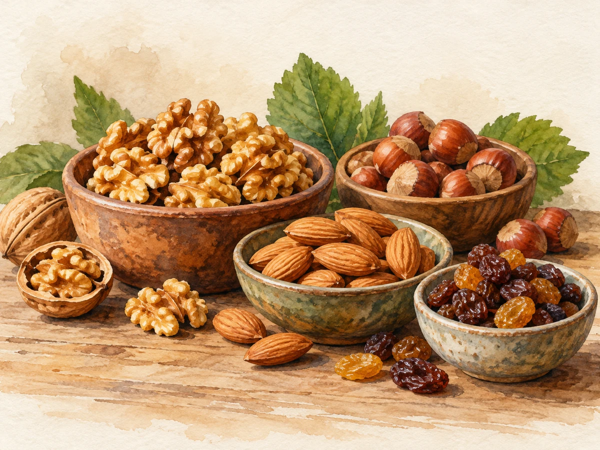 Acuarela: Frutos secos dispuestos en recipientes.