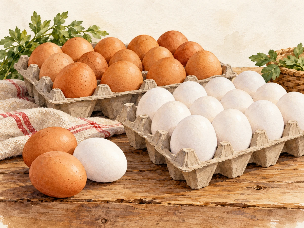 Acuarela: Huevos blancos y de color en bandejas de cartón, con huevos en primer plano.