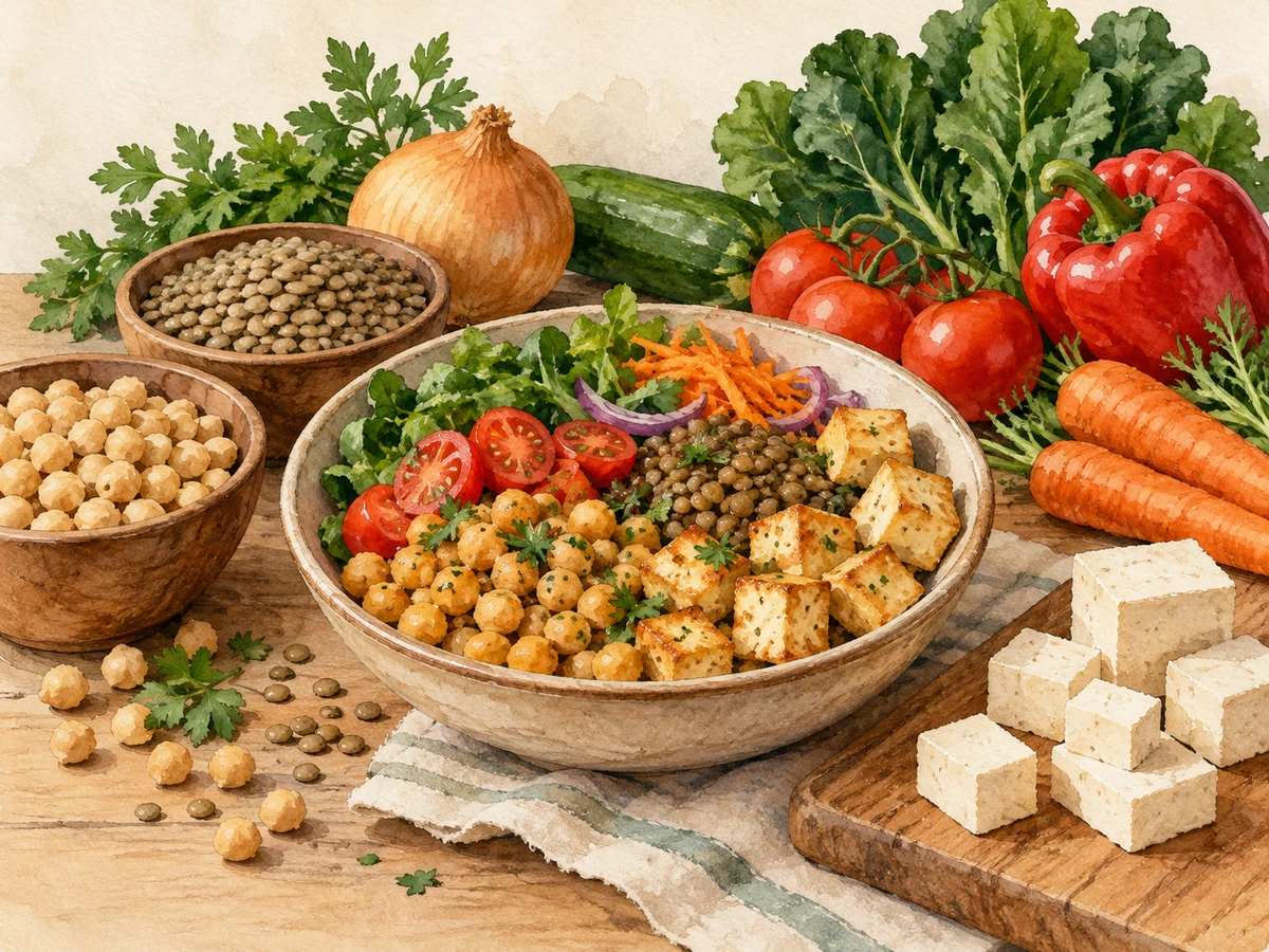 Acuarela: Alimentos de origen vegetal, legumbres y verduras.